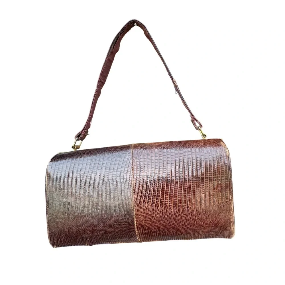 Vintage Brown Lizard Skin Frame Bag‎ Mid Century Exotic Leather Purse Brass Trim